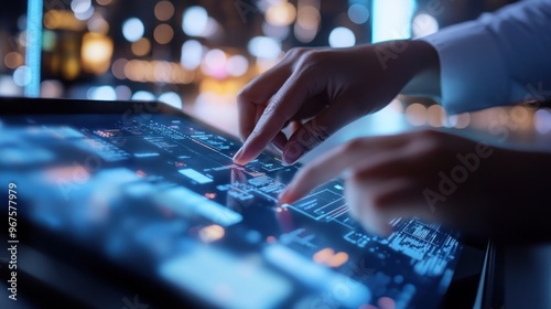Businessman working on a tablet with hologram of various charts above. Global business, data network and virtual connection concept.