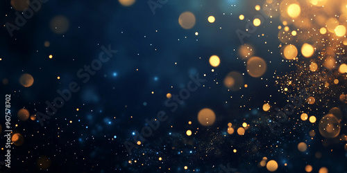 Dark navy blue background with sparkling golden lights bokeh effect 