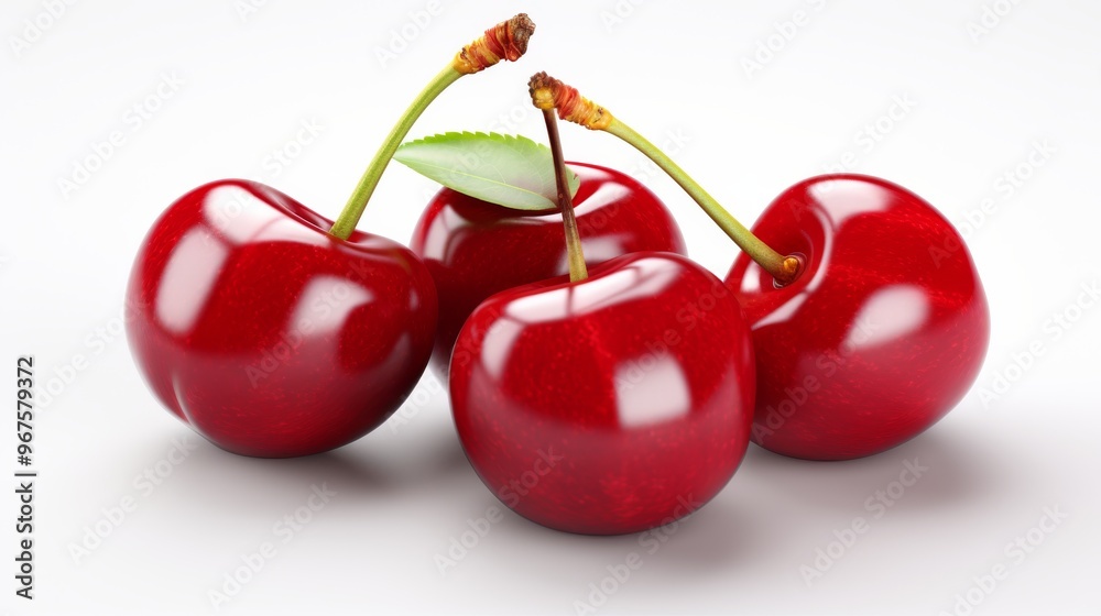 Fresh red cherries with green leaves arranged on a clean white background for culinary display Fresh red cherries with green leaves arranged on a clean white background for culinary display