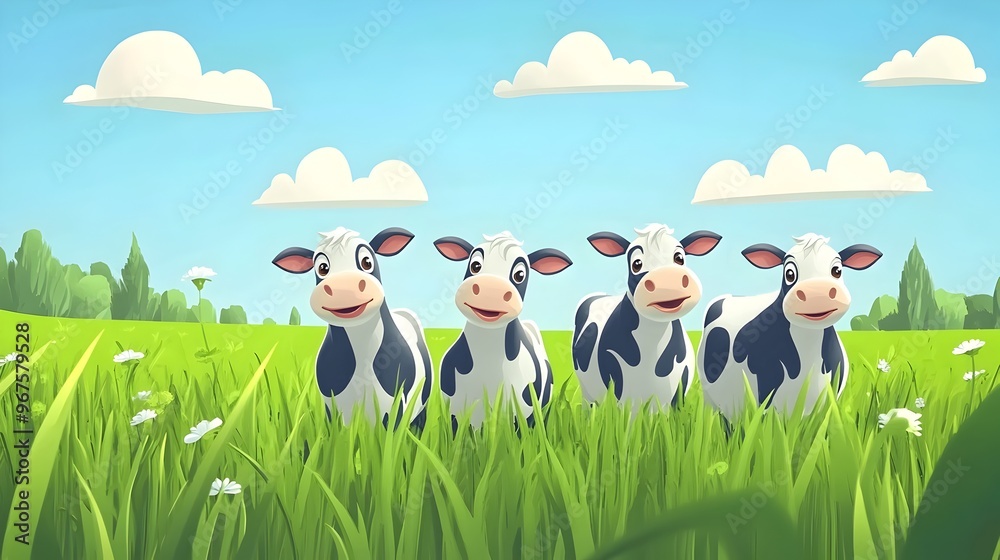 Cute Cartoon Cows Grazing in Idyllic Green Meadow with Cloudy Sky Cute Cartoon Cows Grazing in Idyllic Green Meadow with Cloudy Sky