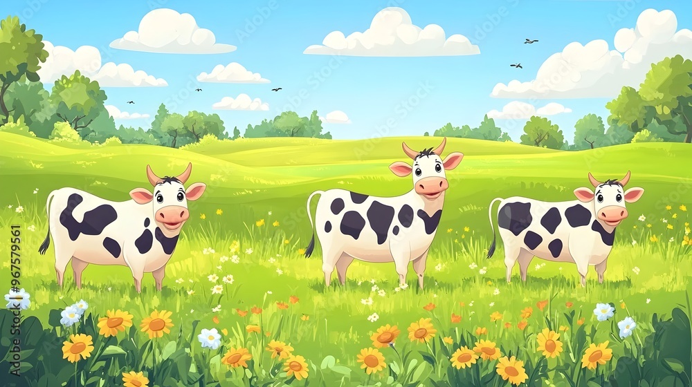 Peaceful Pastoral Landscape with Grazing Dairy Cows in a Lush Green Meadow under Scenic Cloudy Sky Peaceful Pastoral Landscape with Grazing Dairy Cows in a Lush Green Meadow under Scenic Cloudy Sky