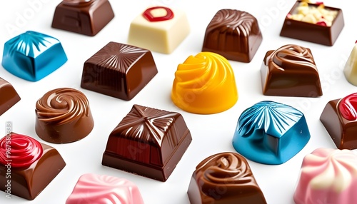 Vibrant Wrapped Chocolate Candies on White Background: A Sweet Treat Design Element