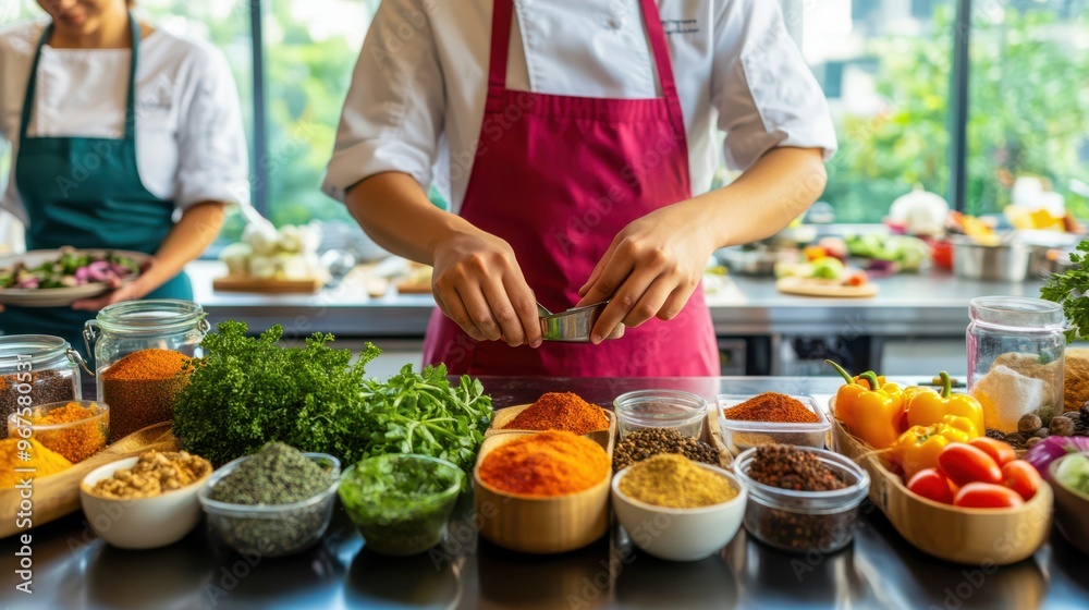 Busy Restaurant Kitchen Scene with Chef Preparing Fresh Ingredients and Colleagues in the Background. Busy Restaurant Kitchen Scene with Chef Preparing Fresh Ingredients and Colleagues in the Background.