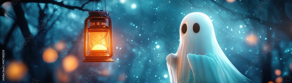 A curious ghost stands beside a glowing lantern in a mystical forest, evoking a sense of wonder and enchantment. A curious ghost stands beside a glowing lantern in a mystical forest, evoking a sense of wonder and enchantment.