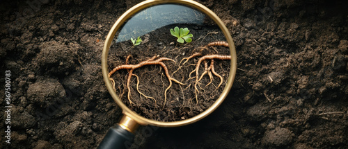 Natures magnifying glass revealing interplay of life beneath soil, showcasing roots and small plants thriving in rich earth. This image captures beauty of natures hidden wonders