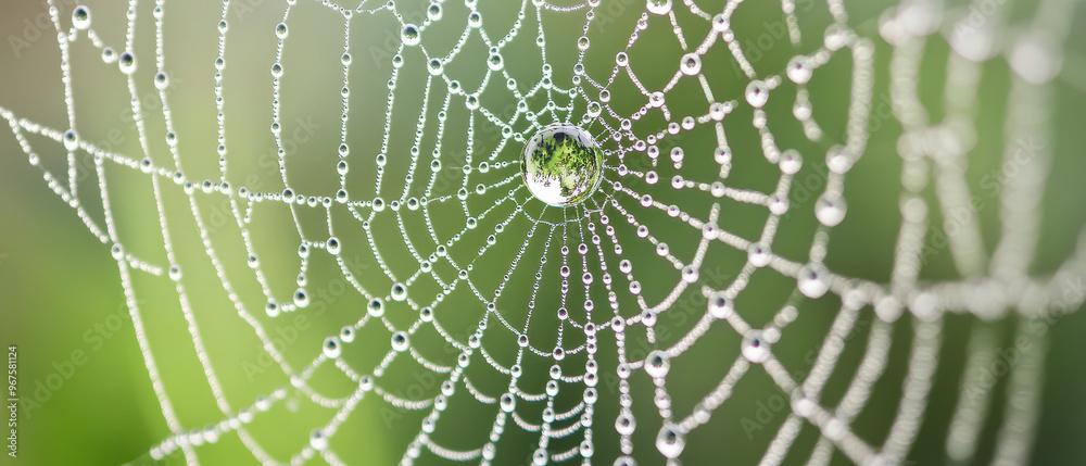 Intricate patterns of spider web are revealed through magnifying glass, showcasing droplets of water that reflect surrounding nature. delicate beauty of this natural creation evokes sense of wonder an Intricate patterns of spider web are revealed through magnifying glass, showcasing droplets of water that reflect surrounding nature. delicate beauty of this natural creation evokes sense of wonder an