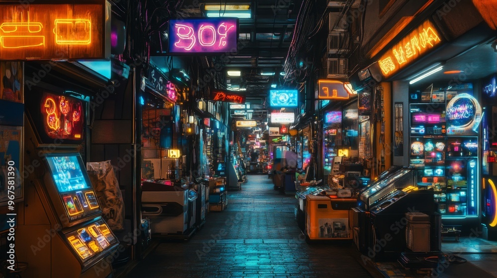 Neon Signs Illuminate a Narrow Alleyway in a Vibrant City Neon Signs Illuminate a Narrow Alleyway in a Vibrant City