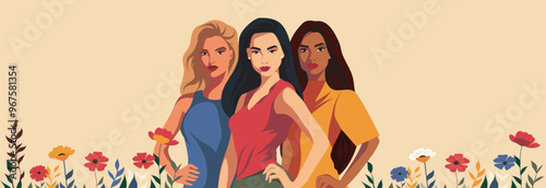  Strong women of different skin colors and ethnicities stand together among flowers. Postcard with space for text with women's day. Movements for gender equality and women's empowerment