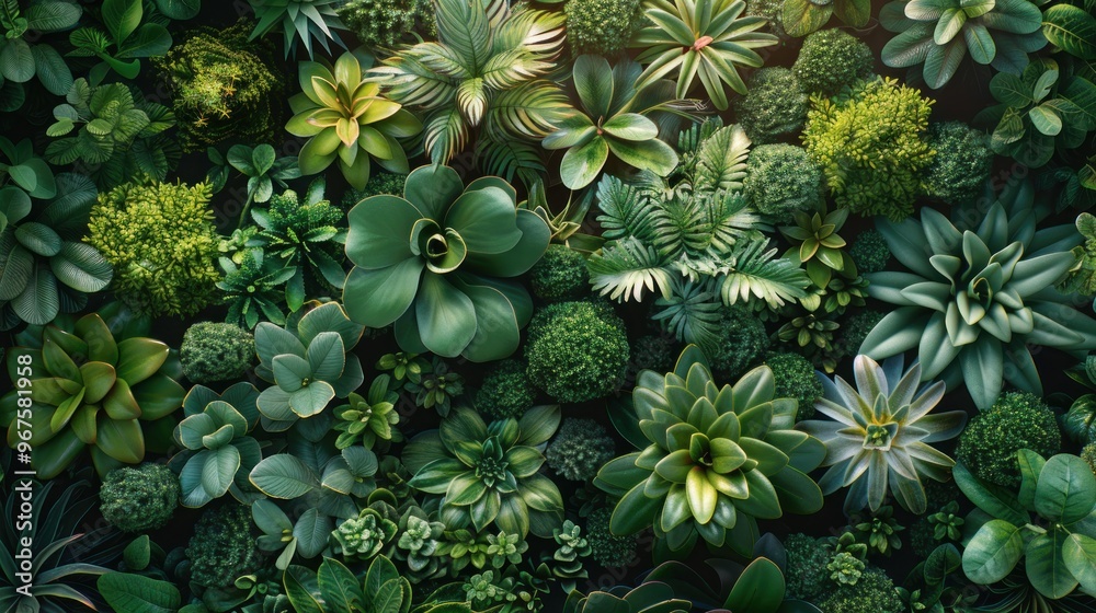 Fototapeta premium Lush green wall of diverse succulent plants thriving under soft natural light in a serene indoor space. Generative AI