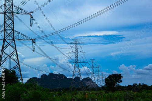 electricity transmission pylon silhouetted