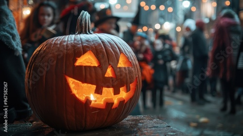 People dressed in frightening costumes gather indoors with a carved pumpkin