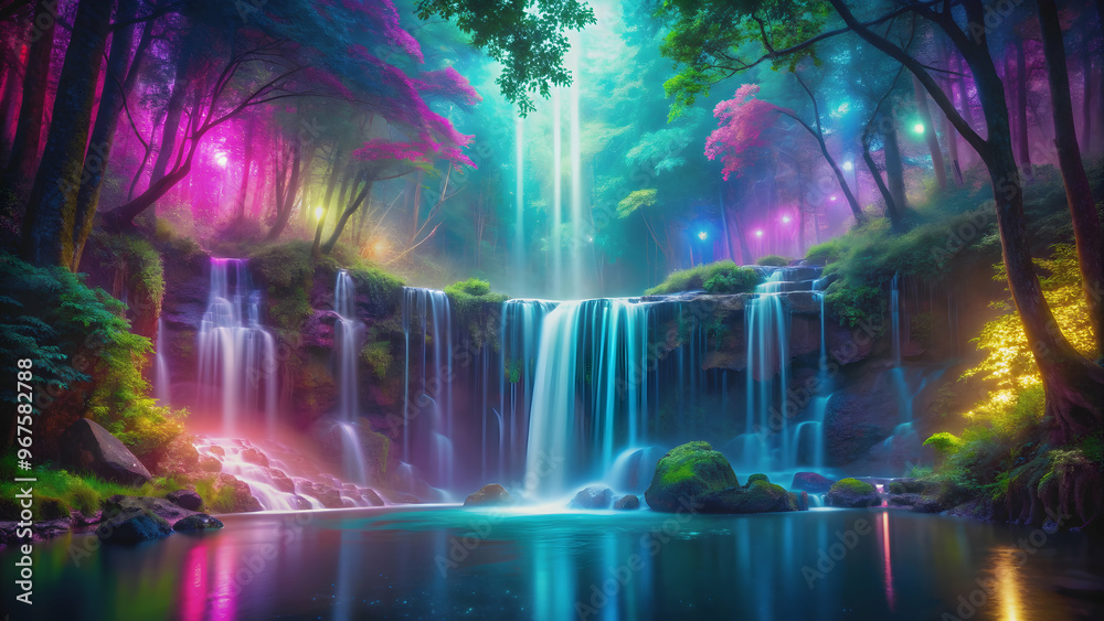 Fototapeta premium Fantasy of neon waterfall in deep forest with glowing colorful fairytale look, neon, waterfall, deep forest, fantasy, glowing