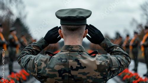 A group of soldiers stands at attention, saluting during a Remembrance Day ceremony at a memorial