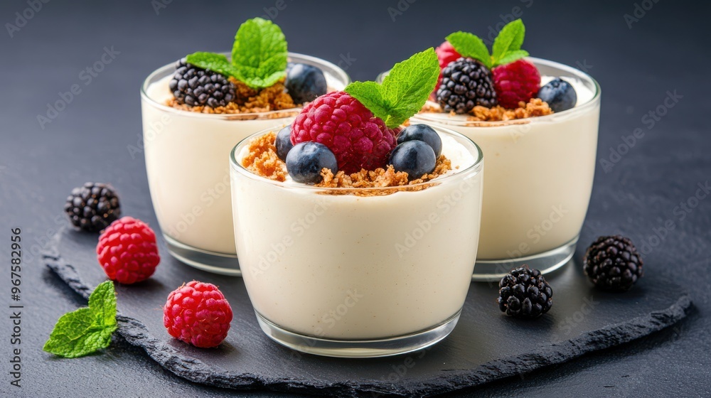 Tempting Pudding Desserts with Fresh Raspberries and Mint Leaves. Tempting Pudding Desserts with Fresh Raspberries and Mint Leaves.