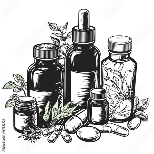 vector silhouette of a bottle with medicine on a white background .Generative AI