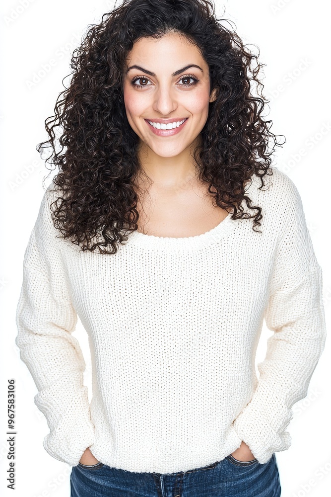 Model poses against a clean white background, wearing a cozy white sweater and blue jeans. Her curly hair gives the minimalist scene a much-needed pop of color Model poses against a clean white background, wearing a cozy white sweater and blue jeans. Her curly hair gives the minimalist scene a much-needed pop of color