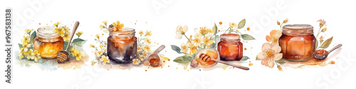 Watercolor set glass jar with honey. Vector illustration. Hand drawn.