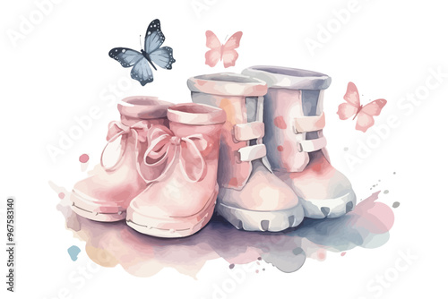 Watercolor rain boots. Rubber boots with floral bouquet.