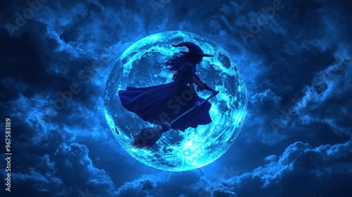 A witch flying on a broomstick against a full moon backdrop