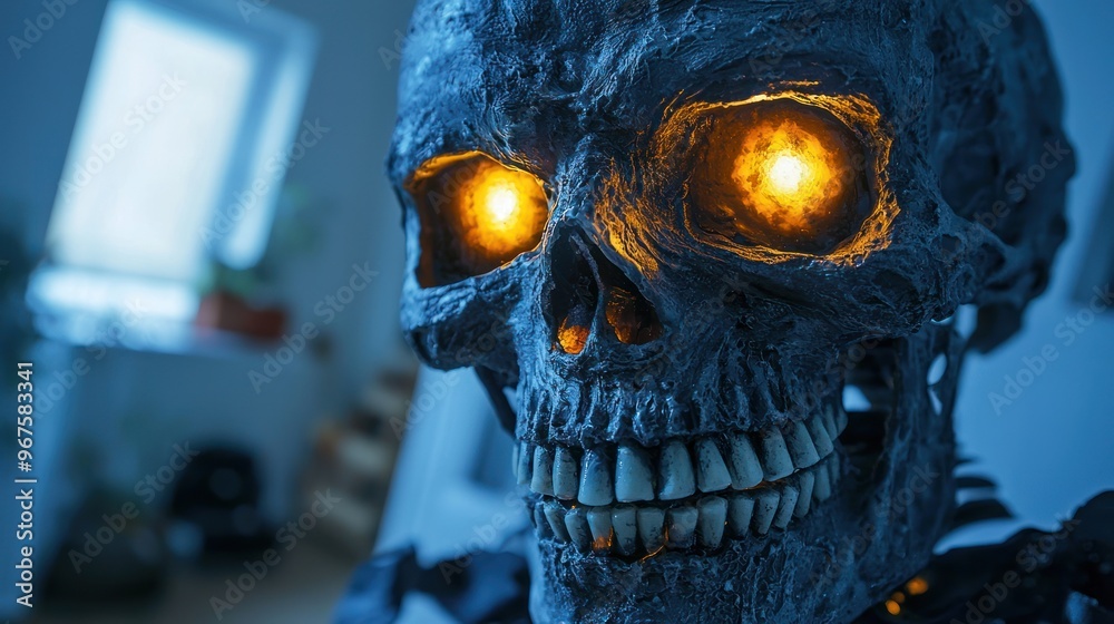 Close-up of a skeleton mask with glowing eyes and eerie lighting Close-up of a skeleton mask with glowing eyes and eerie lighting