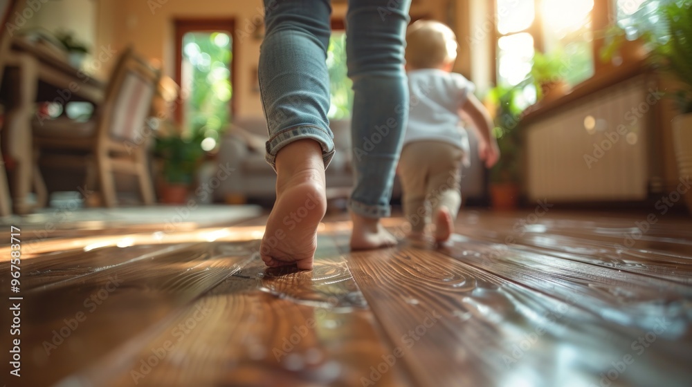A joyful moment of a parent walking barefoot with their toddler in a sunlit, cozy home. Generative AI A joyful moment of a parent walking barefoot with their toddler in a sunlit, cozy home. Generative AI