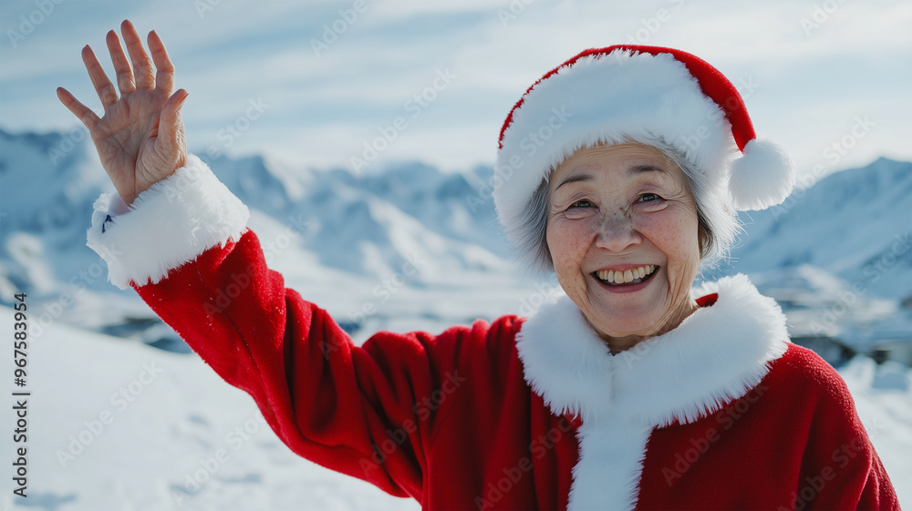 Obraz premium 山並みの前で手を振るサンタの女性