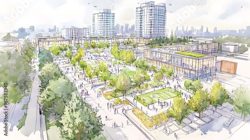 A concept sketch of the city center with modern buildings and green spaces, showcasing sustainable urban development
