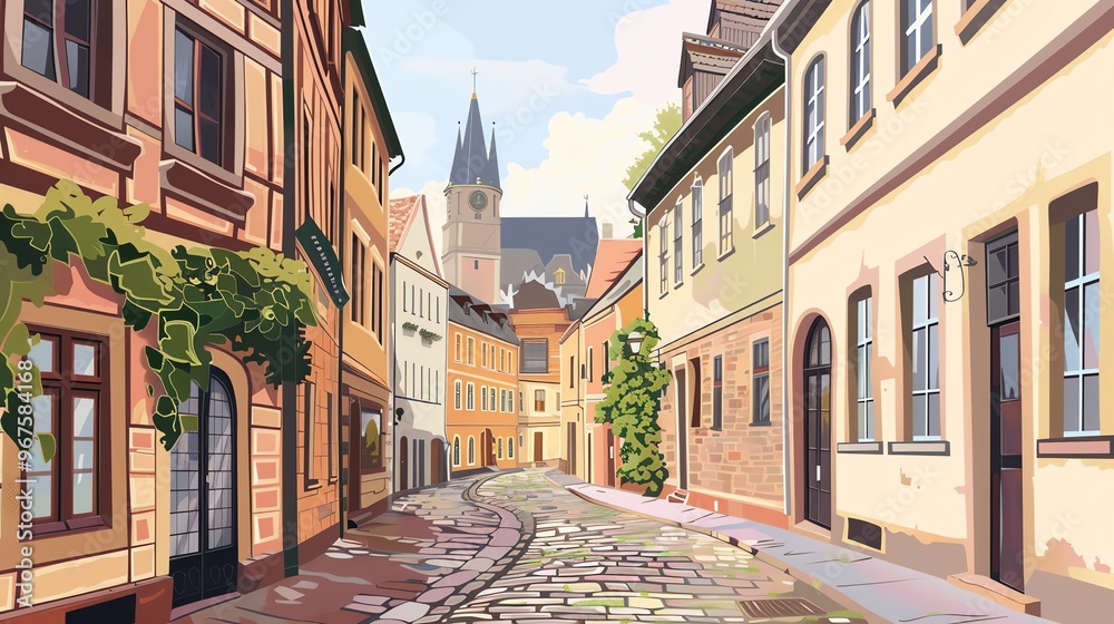 Fototapeta premium An illustration of a quaint European street.