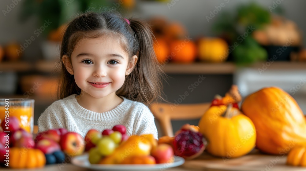 Fototapeta premium Happy Girl Surrounded by Fresh Fruits and Vegetables in a Home Kitchen Setting