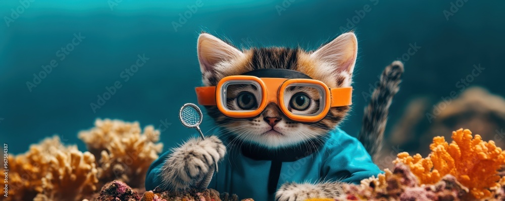 A kitten dressed as a marine biologist with goggles and a small net, exploring a coral reef A kitten dressed as a marine biologist with goggles and a small net, exploring a coral reef