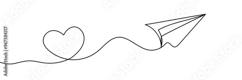 Paper airplane flight continuous line drawing. Heart linear shape path. Vector illustration isolated on white.