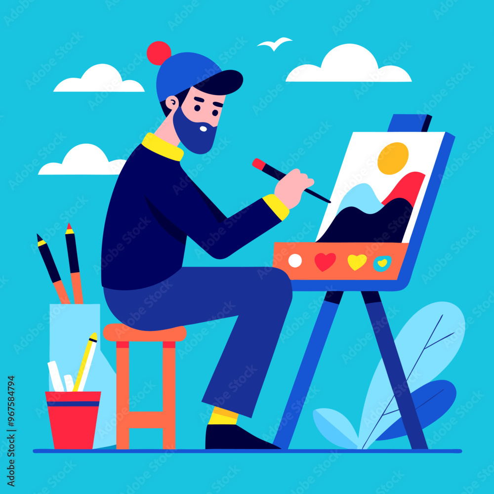 Fototapeta premium artist painter man sitting on stool painting on canvas
