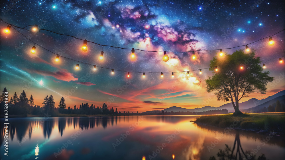 Beautiful and ethereal night landscape with twinkling lights and colorful sky , fantasy, whimsical, dreamy, mysterious Beautiful and ethereal night landscape with twinkling lights and colorful sky , fantasy, whimsical, dreamy, mysterious