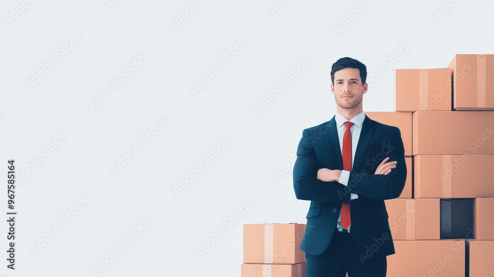 The image features a poised businessman with crossed arms, standing before stacked cardboard boxes, creating a professional atmosphere. Background is light and solid, enhancing focus on the subject. The image features a poised businessman with crossed arms, standing before stacked cardboard boxes, creating a professional atmosphere. Background is light and solid, enhancing focus on the subject.