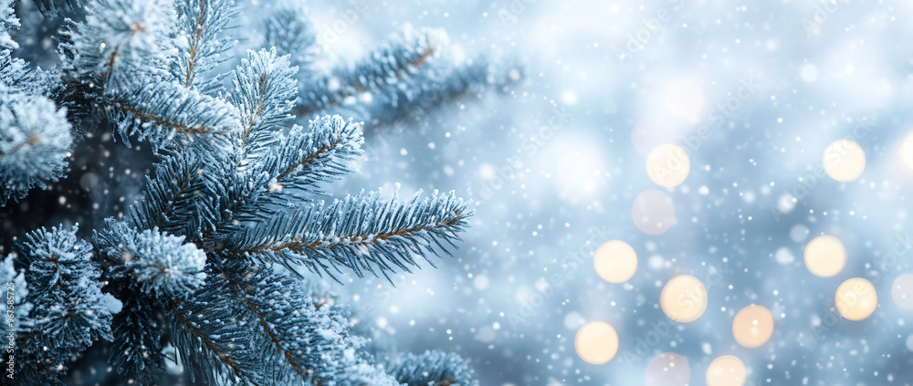 Close up of fir branches and christmas tree and snowy light blue background with sparkling lights Close up of fir branches and christmas tree and snowy light blue background with sparkling lights