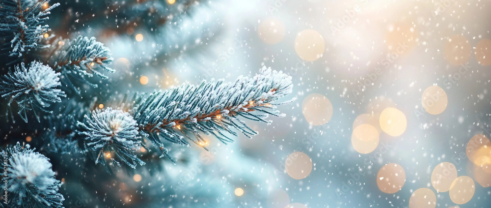 Close up of fir branches and christmas tree and snowy light blue background with sparkling lights Close up of fir branches and christmas tree and snowy light blue background with sparkling lights