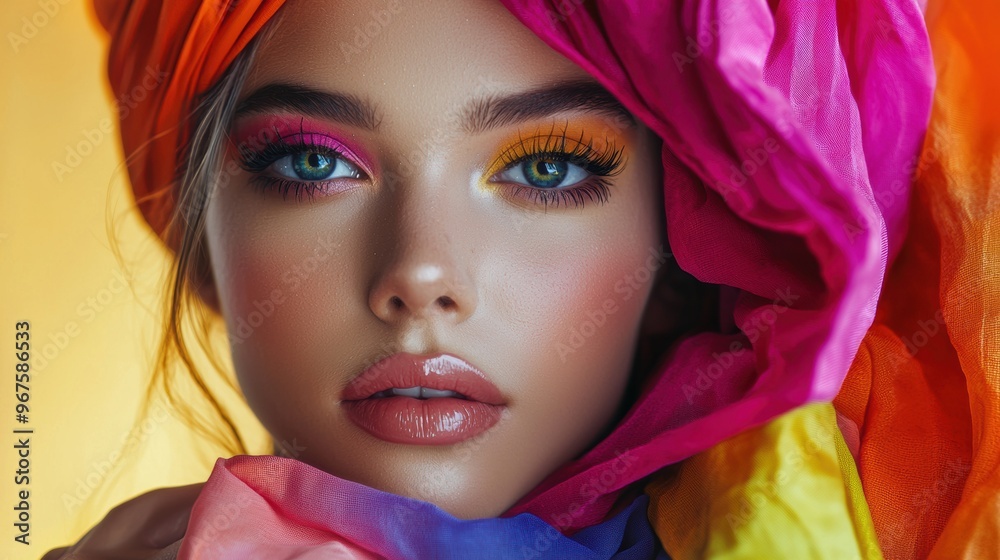 Alluring and Fashion Model Portrait on Vibrant Backdrop Alluring and Fashion Model Portrait on Vibrant Backdrop