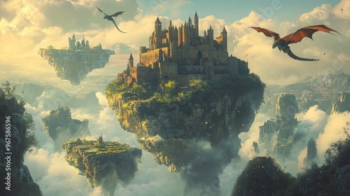 Fantasy Floating Island Castle with Dragons in the Sky