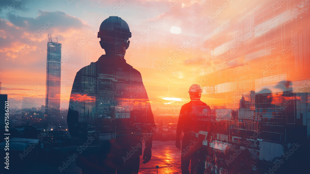 Futuristic construction site at sunset with silhouettes of workers, showcasing blend of technology and urban development. vibrant colors evoke sense of progress and innovation Futuristic construction site at sunset with silhouettes of workers, showcasing blend of technology and urban development. vibrant colors evoke sense of progress and innovation