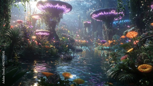 Magical Forest River with Glowing Mushrooms and Lush Foliage