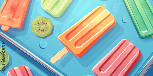 Homemade popsicles unmolded from silicone forms onto baking sheet, flat illustration photo