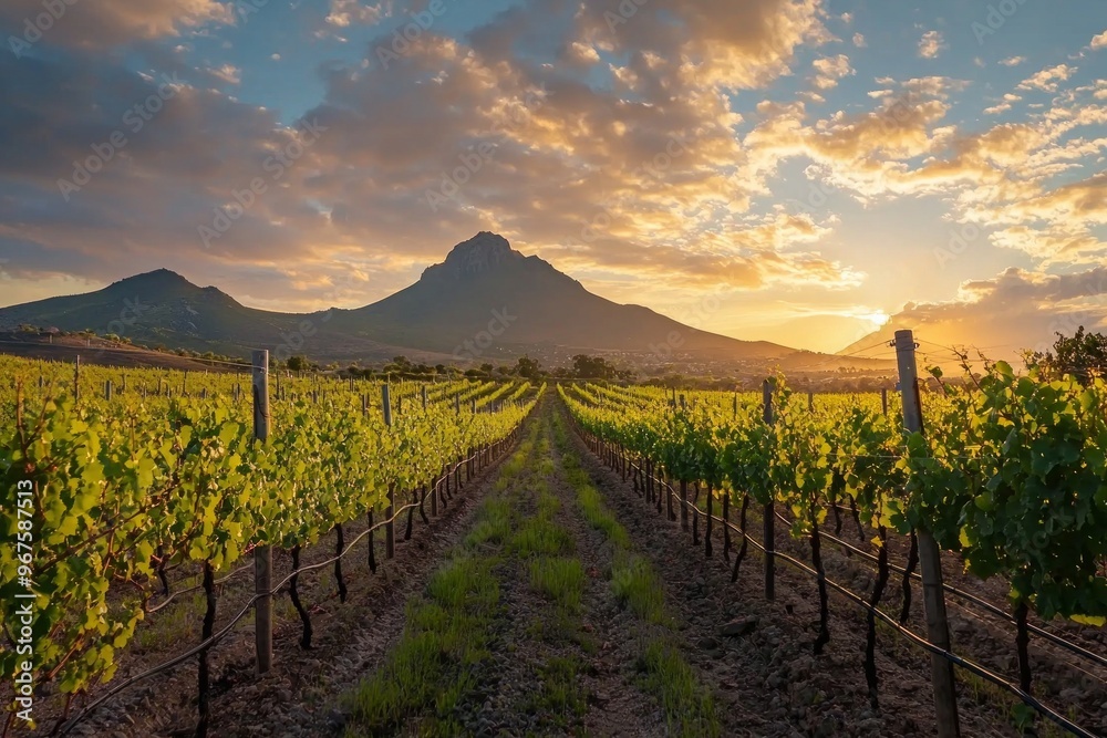 Fototapeta premium A beautiful vineyards with a mountain in the background during sunrise