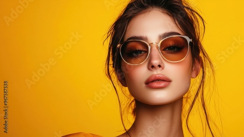 Captivating Young Woman Wearing Trendy Sunglasses and Makeup in Yellow Studio Setting