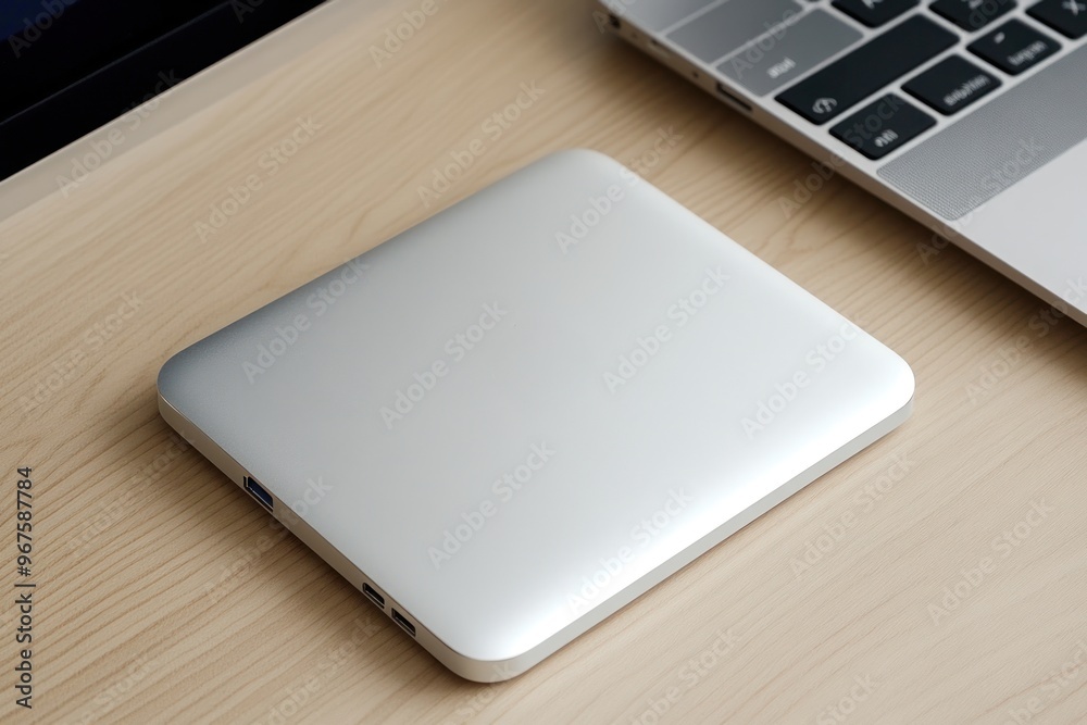 A sleek portable external SSD next to a laptop on a wooden desk - AI Generated Digital Art. A sleek portable external SSD next to a laptop on a wooden desk - AI Generated Digital Art.