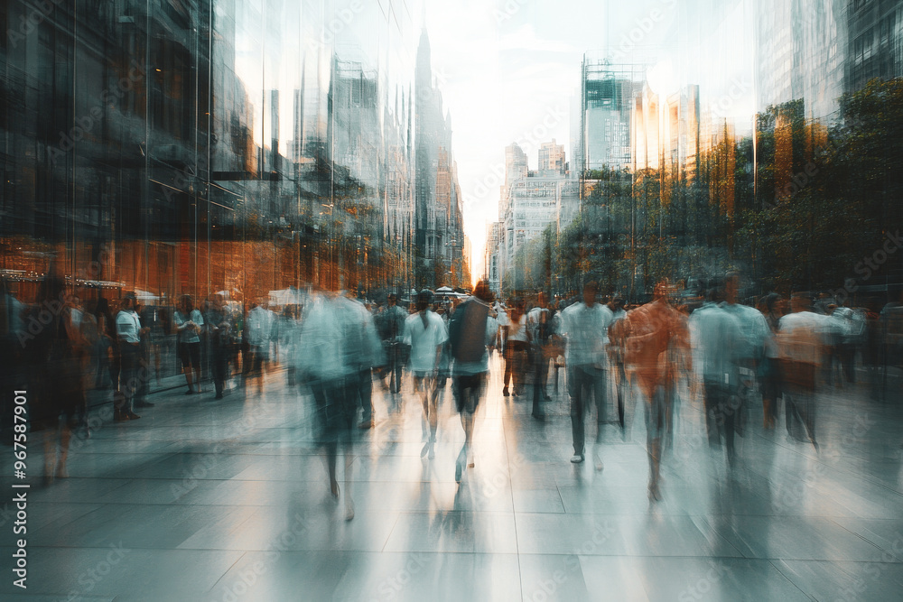Crowd of people are walking down a busy city street at sunset, creating a motion blur effect in artistic way Crowd of people are walking down a busy city street at sunset, creating a motion blur effect in artistic way