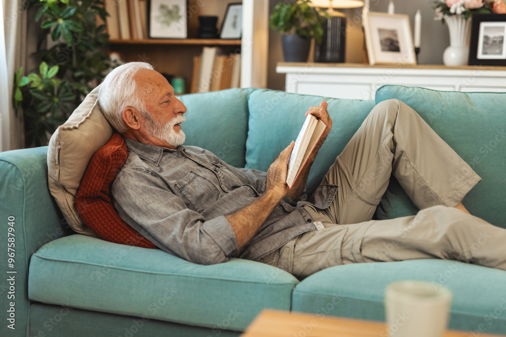 Mature man reading a book on the sofa. Side view of happy senior man reading a book on sofa at home. Mature man reading a book on the sofa. Side view of happy senior man reading a book on sofa at home.