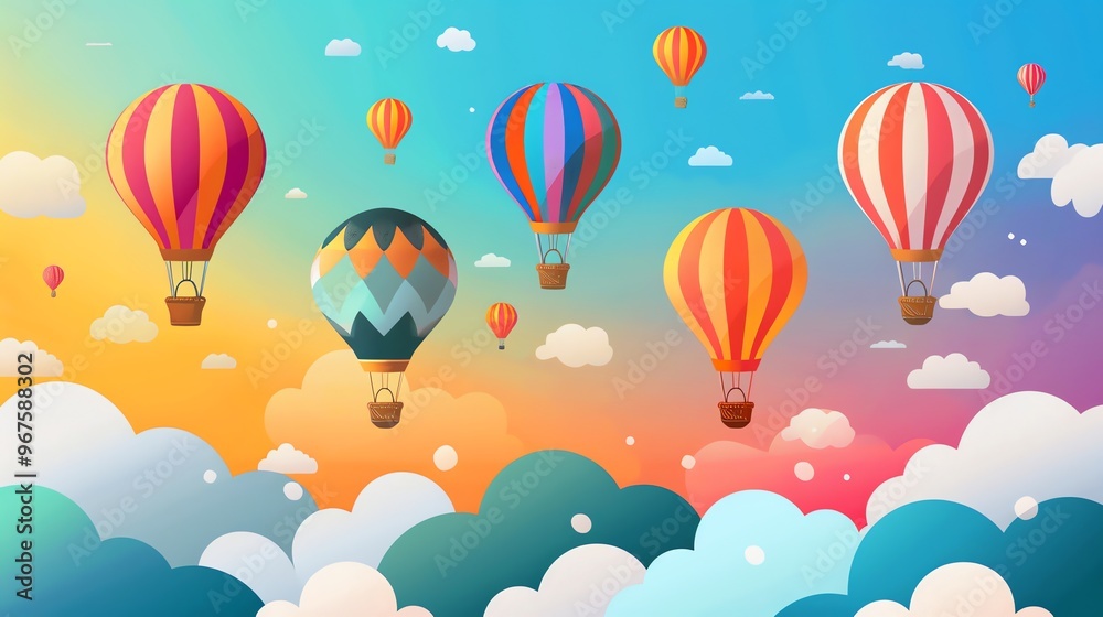 A cartoon illustration of hot air balloons floating in the sky. A cartoon illustration of hot air balloons floating in the sky.