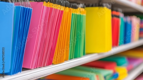 Back-to-school shopping scene, students and parents browsing colorful school supplies, excitement, end-of-summer atmosphere