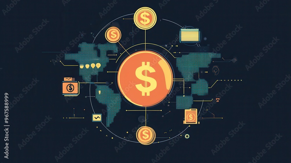 A digital representation of global finance, showcasing currency and financial connections around the world. A digital representation of global finance, showcasing currency and financial connections around the world.