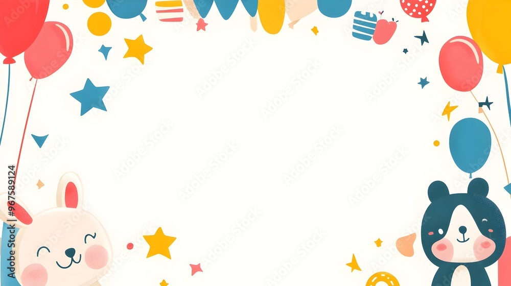 Colorful Birthday Party with Balloons and Confetti on Patterned Background Colorful Birthday Party with Balloons and Confetti on Patterned Background